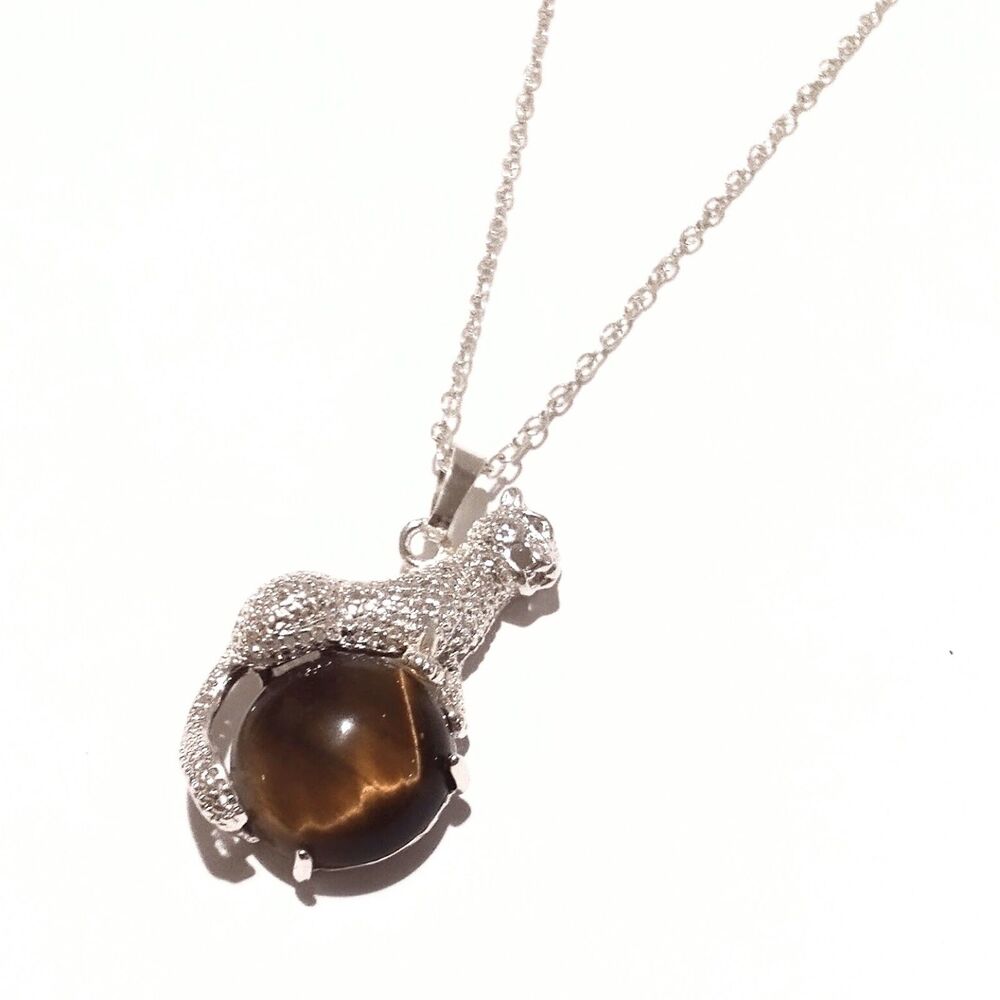 Silver Tone Leopard Tiger's Eye Pendant Necklace 18 Inch - Picture 6 of 7